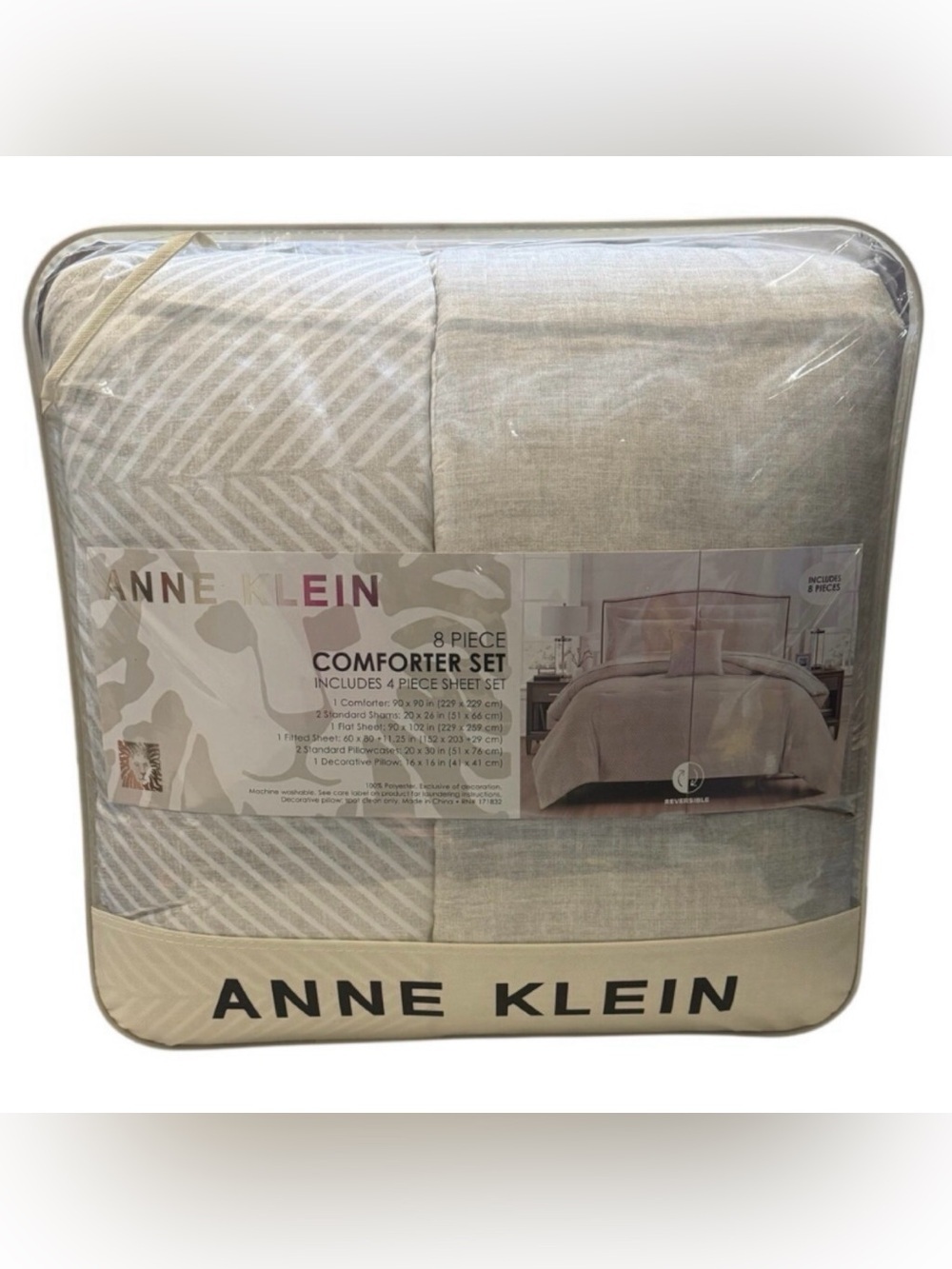 Anne Klein Gray and Cream Textured 8-Piece Comforter Set Reversible - Ships Free